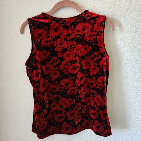 VINTAGE Red and Black Velvet Floral Blouse Sleeveless Size Small Occasion Top - Picture 2 of 5